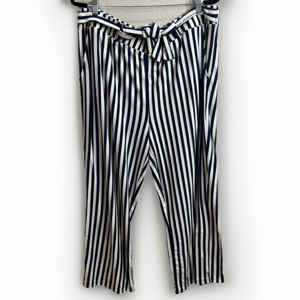 Anybody Pants Textured ~ Knit Wide Leg Striped Cream & Midnight‎ Blue Size 1X